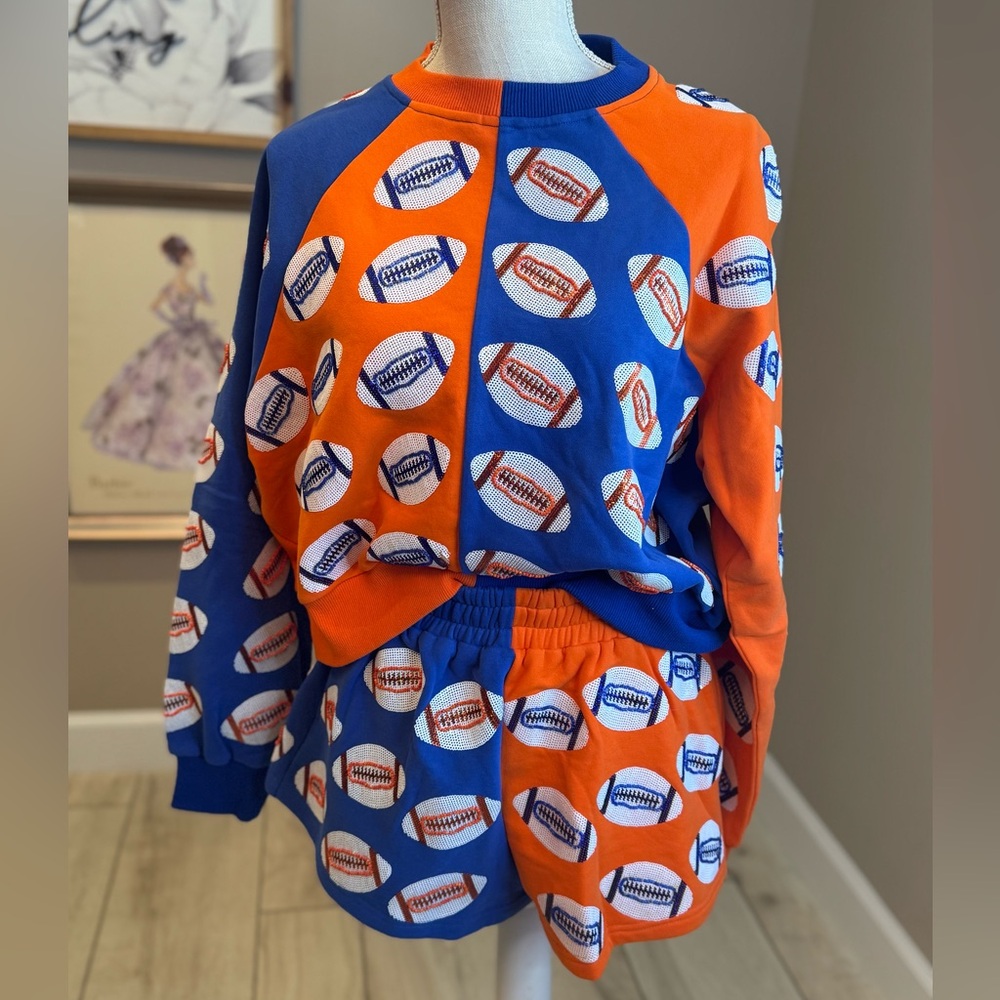New!QUEEN OF SPARKLES Blue & Orange Sequin Football Sweatshirt & Shorts Set